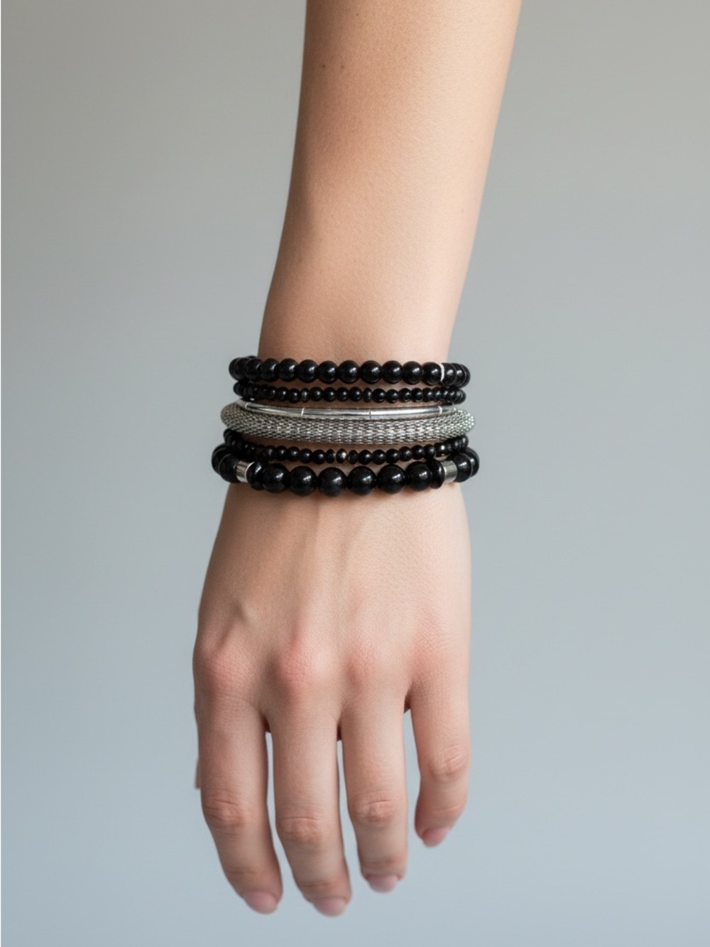 9/20 Black and Silver Beaded Stack Bracelet Set